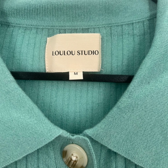Loulou Studio Biola Ribbed Knit Longline Polo Sweater Top Cardigan In Green - Picture 4 of 7